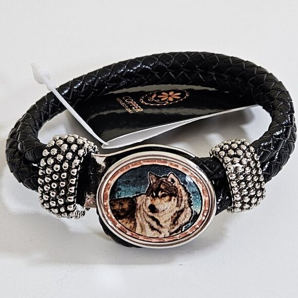 Copper Reflections Timber Wolf Bracelet Copper Metal Leather Native Art Unique - Picture 13 of 13